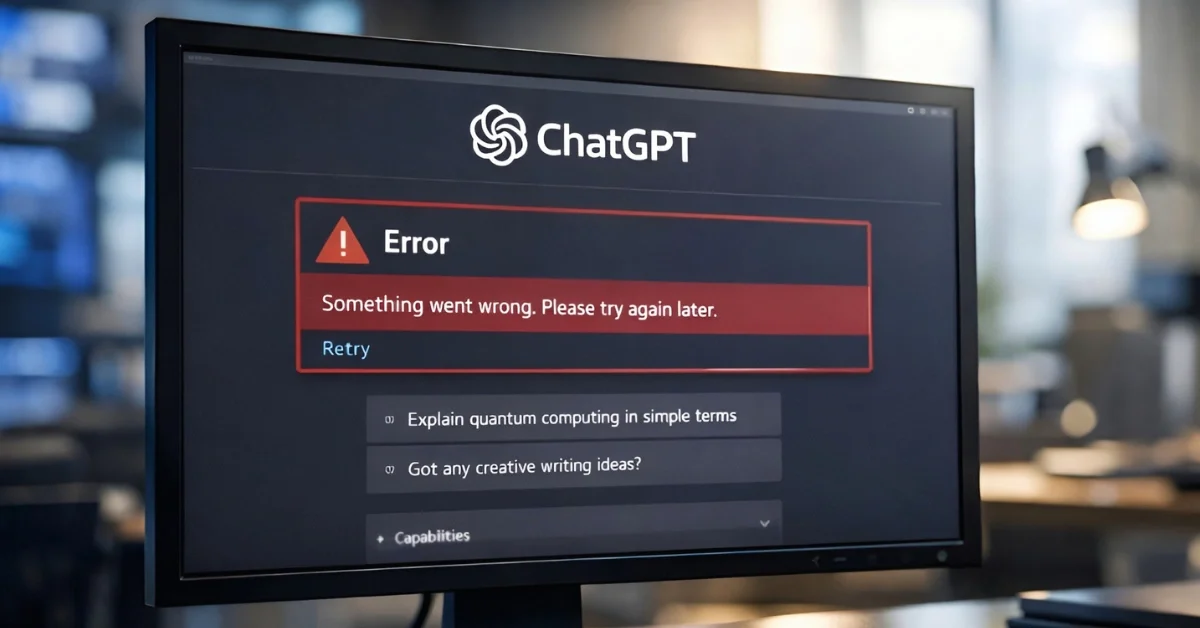 Computer screen displaying ChatGPT error message during service outage