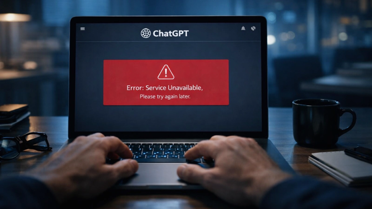 A person at a modern office desk at night facing an error message on the ChatGPT interface during the February 2026 OpenAI outage, with hands resting on the keyboard in the foreground.