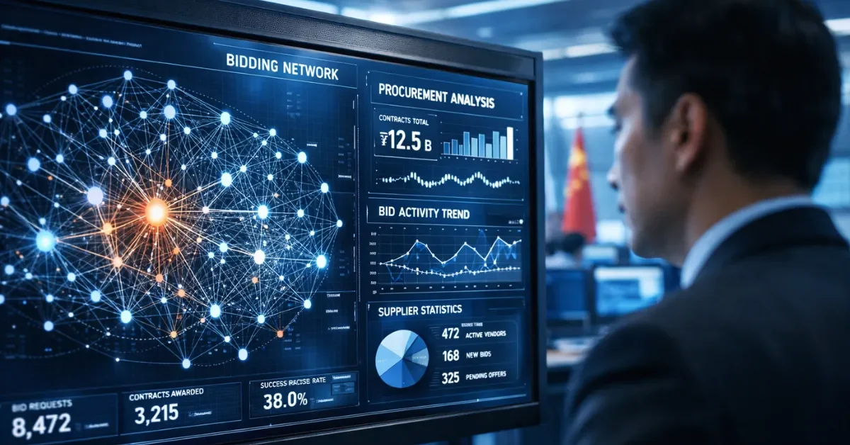 A professional government analyst monitors a high-tech digital screen displaying AI-driven data visualizations for detecting corruption in public bidding.