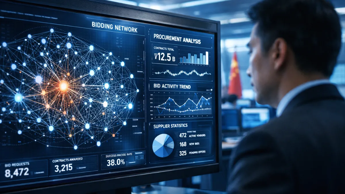 A professional government analyst monitors a high-tech digital screen displaying AI-driven data visualizations for detecting corruption in public bidding.