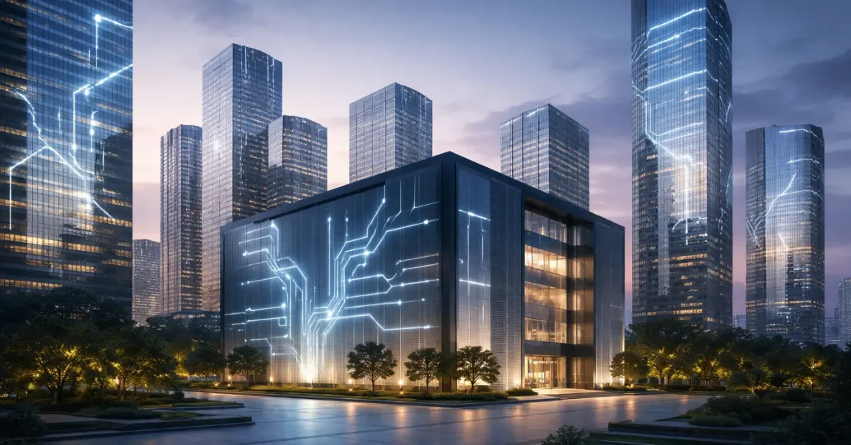 Wide news-style image of a modern Chinese tech district at dusk with glass buildings and a data center-like structure, with subtle abstract AI-themed light patterns.