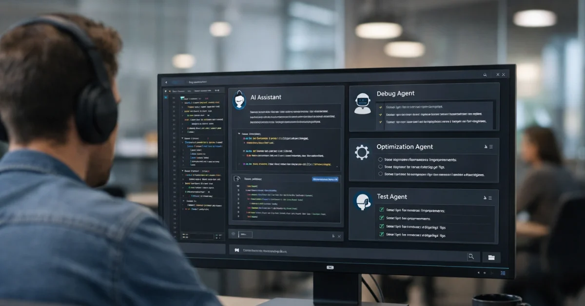 A developer sits at a desk in a modern office, looking at a monitor displaying an AI coding assistant interface with multiple agent panels.