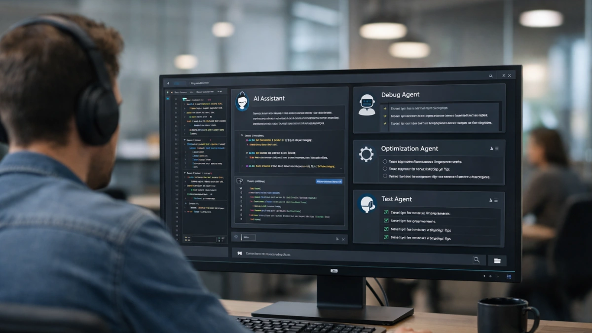 A developer sits at a desk in a modern office, looking at a monitor displaying an AI coding assistant interface with multiple agent panels.