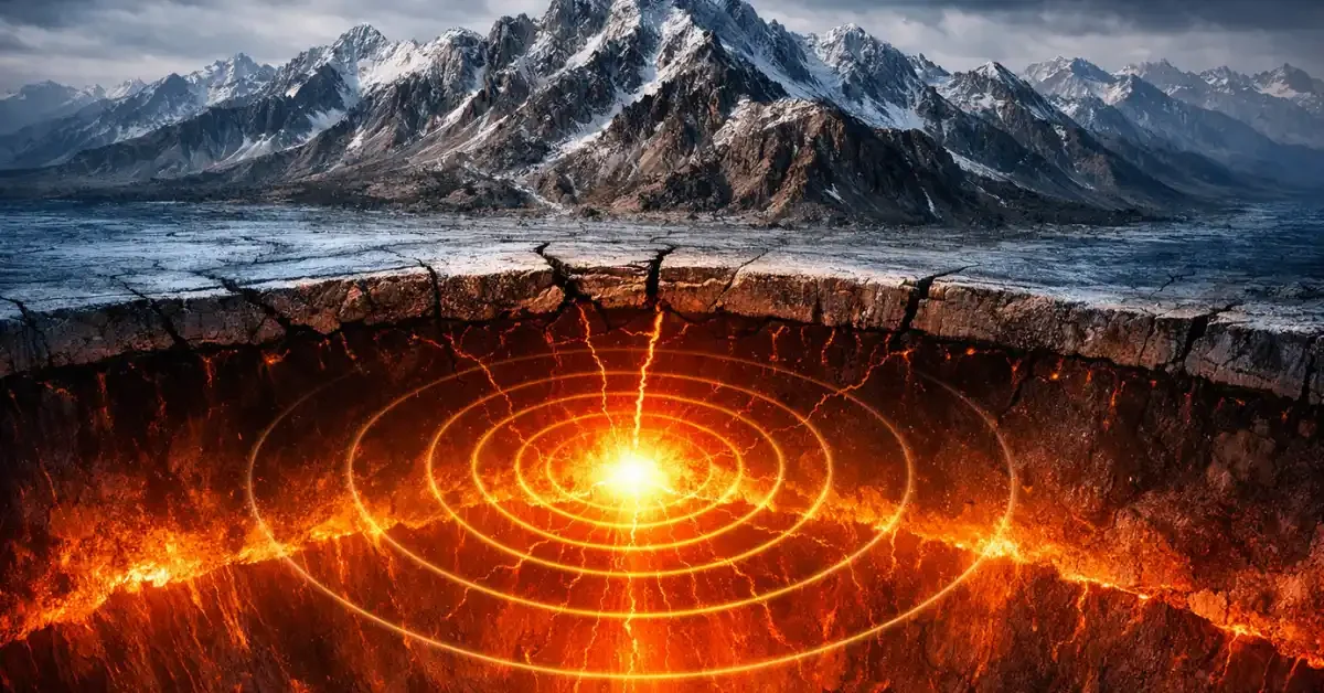 A glowing cross-section of the Earth showing seismic waves radiating from a deep continental mantle earthquake beneath the outer crust.