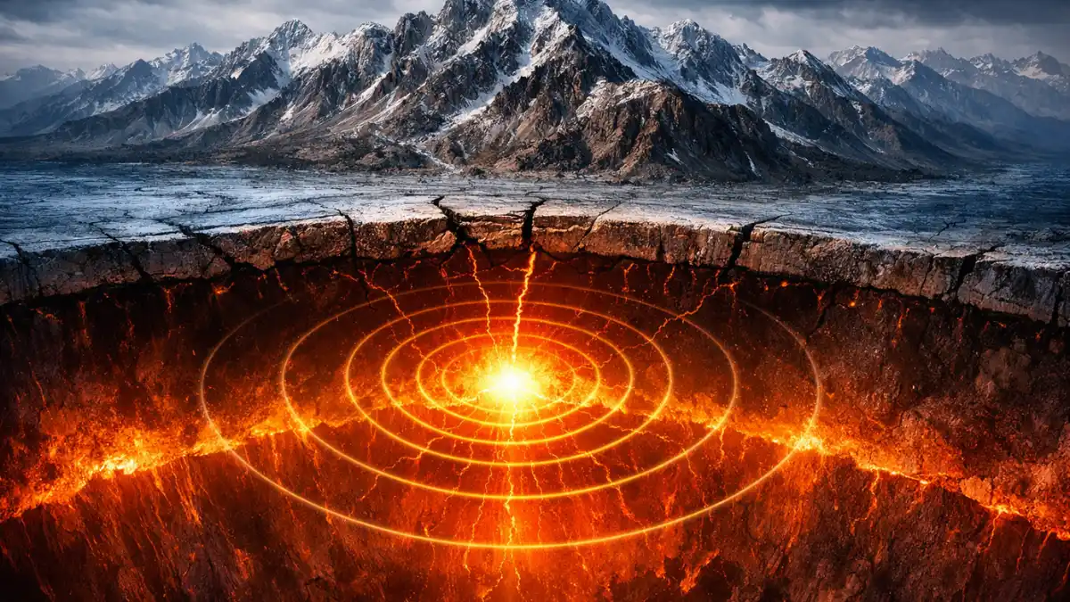 A glowing cross-section of the Earth showing seismic waves radiating from a deep continental mantle earthquake beneath the outer crust.