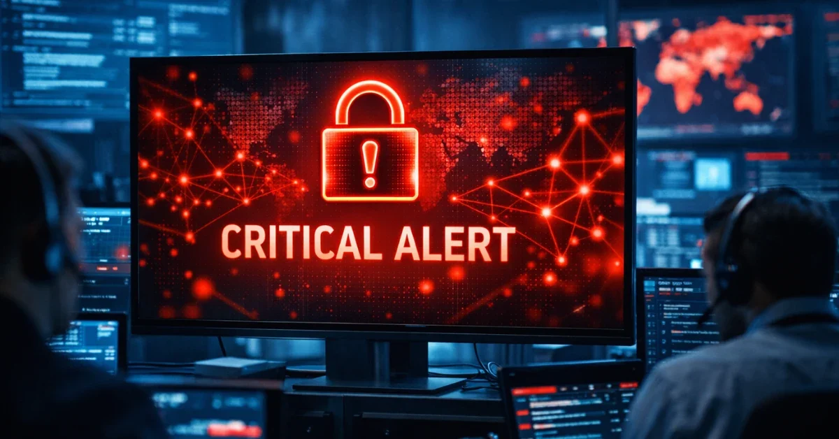 A modern security operations center monitor displaying a critical security alert for CVE-2026-1731, symbolizing the active cyber threat targeting BeyondTrust software.
