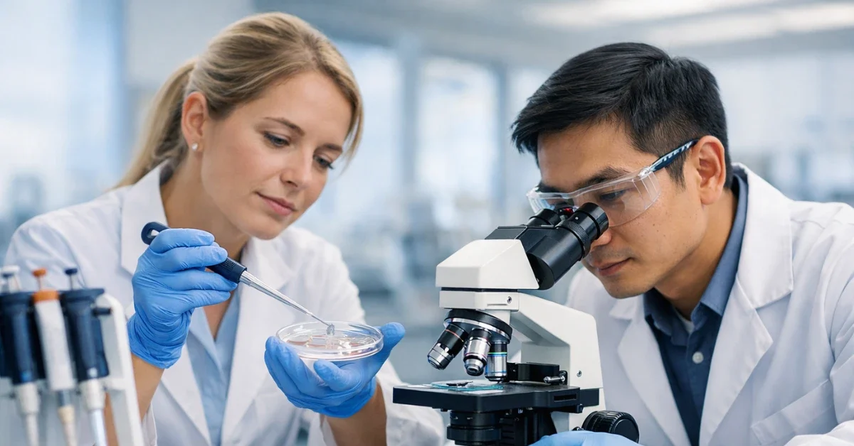 Two researchers in a laboratory examine neural stem cell samples beside a microscope on a lab bench.