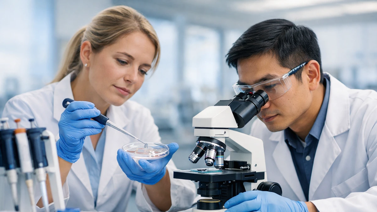 Two researchers in a laboratory examine neural stem cell samples beside a microscope on a lab bench.