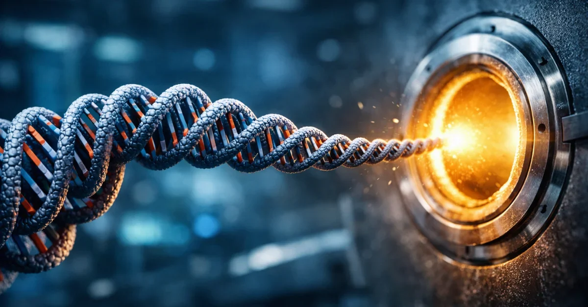 A 3D scientific visualization of a DNA strand twisting into a plectoneme coil as it enters a microscopic nanopore.