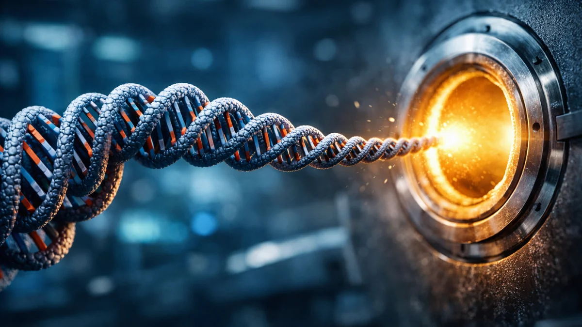 A 3D scientific visualization of a DNA strand twisting into a plectoneme coil as it enters a microscopic nanopore.