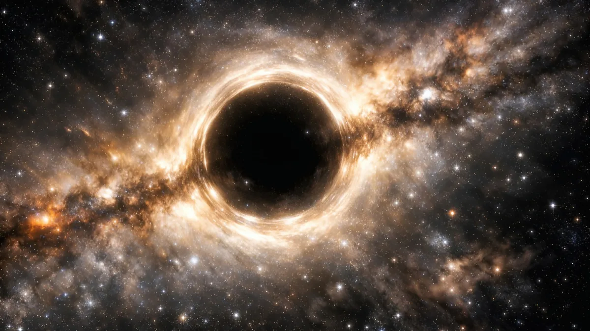 A hyper-realistic illustration of the Milky Way's center showing a dense dark matter core bending light, surrounded by a glowing halo of stars.