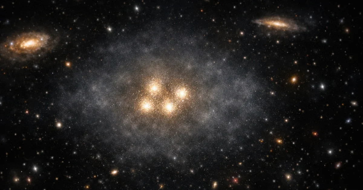 A hyper-realistic rendering of the ghostly dark matter galaxy CDG-2 in deep space, featuring four bright globular clusters surrounded by a faint halo of light against a backdrop of distant galaxies.