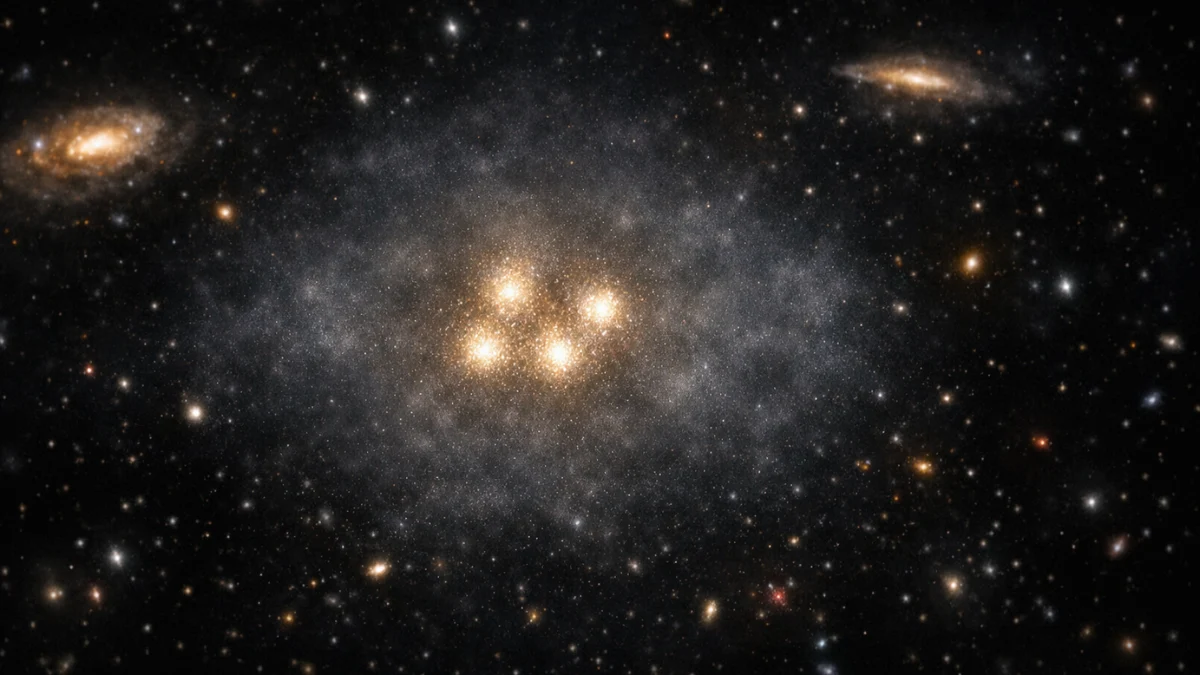 A hyper-realistic rendering of the ghostly dark matter galaxy CDG-2 in deep space, featuring four bright globular clusters surrounded by a faint halo of light against a backdrop of distant galaxies.