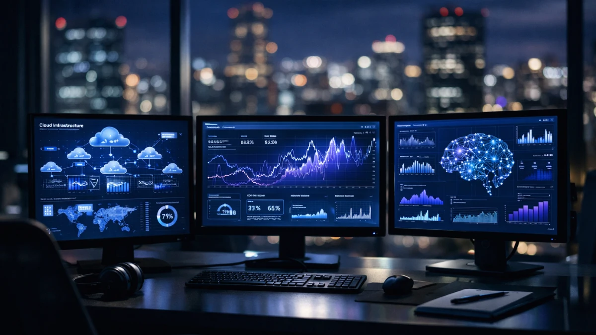 A professional setting showing multiple computer screens displaying complex data charts and cloud monitoring software, representing Datadog's observability platform.