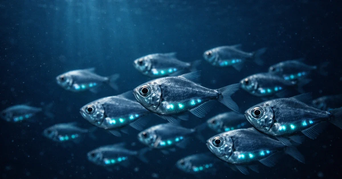 A school of silver deep-sea hatchetfish swimming in the dim blue water of the ocean twilight zone, displaying large eyes and faint bioluminescent glow on their bellies.