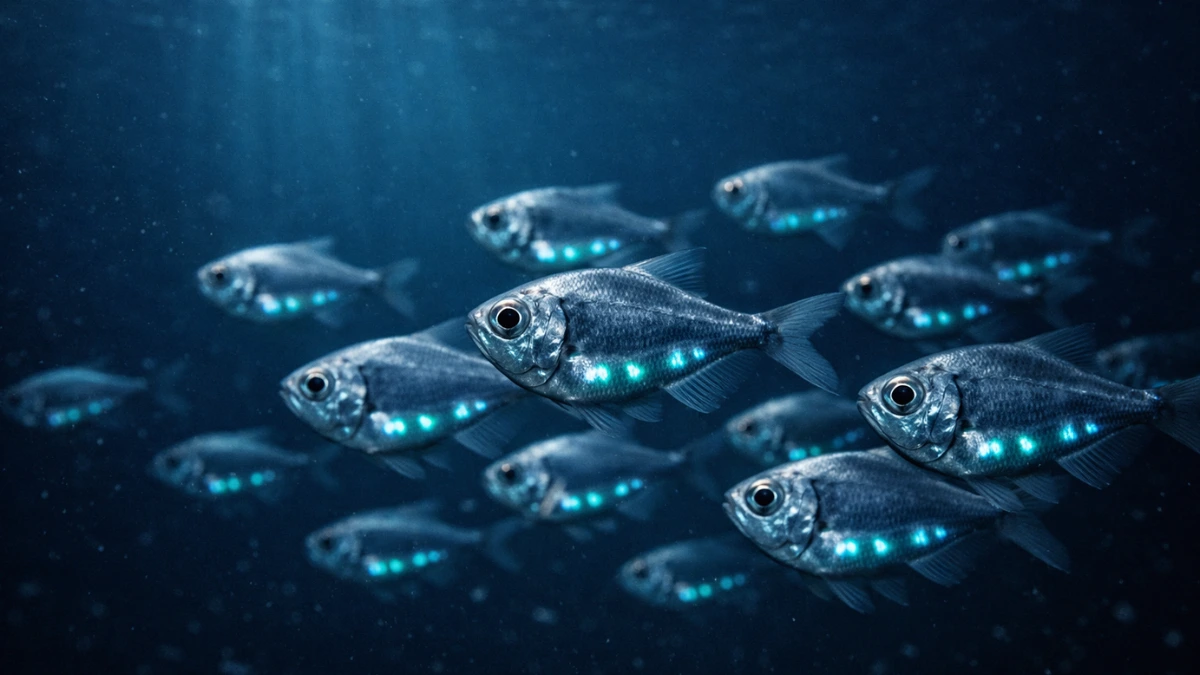 A school of silver deep-sea hatchetfish swimming in the dim blue water of the ocean twilight zone, displaying large eyes and faint bioluminescent glow on their bellies.