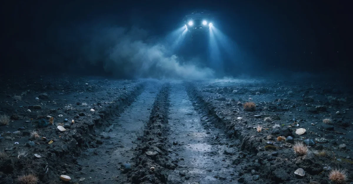 Deep-sea mining tracks on Clarion-Clipperton Zone seafloor with reduced animal abundance, including worms and crustaceans, illuminated by ROV lights.