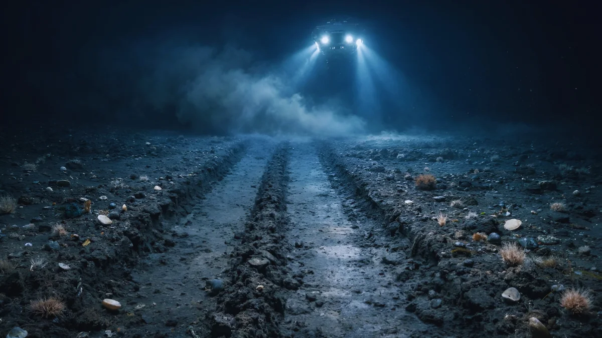 Deep-sea mining tracks on Clarion-Clipperton Zone seafloor with reduced animal abundance, including worms and crustaceans, illuminated by ROV lights.