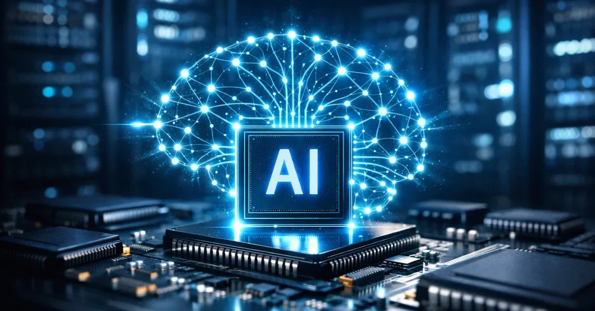 A high-tech server room featuring a glowing AI microchip and neural network graphics, representing the intersection of semiconductor hardware and artificial intelligence development.