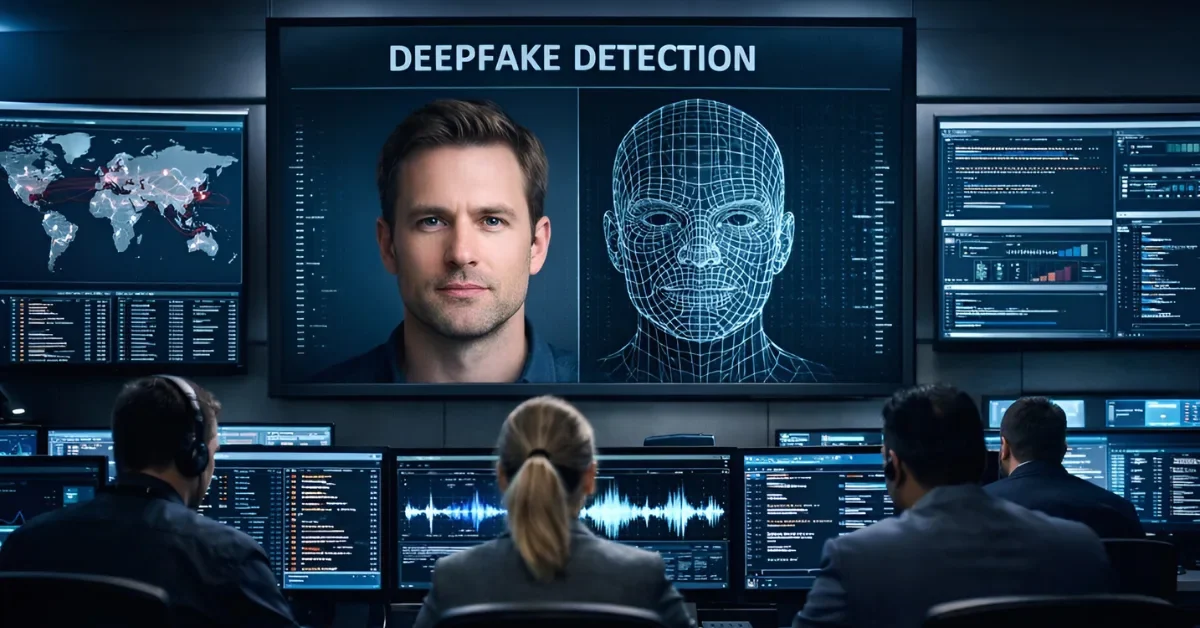 Cybersecurity analysts monitoring screens in a modern operations center, tracking global deepfake fraud threats with digital face analysis software visible on a large display.