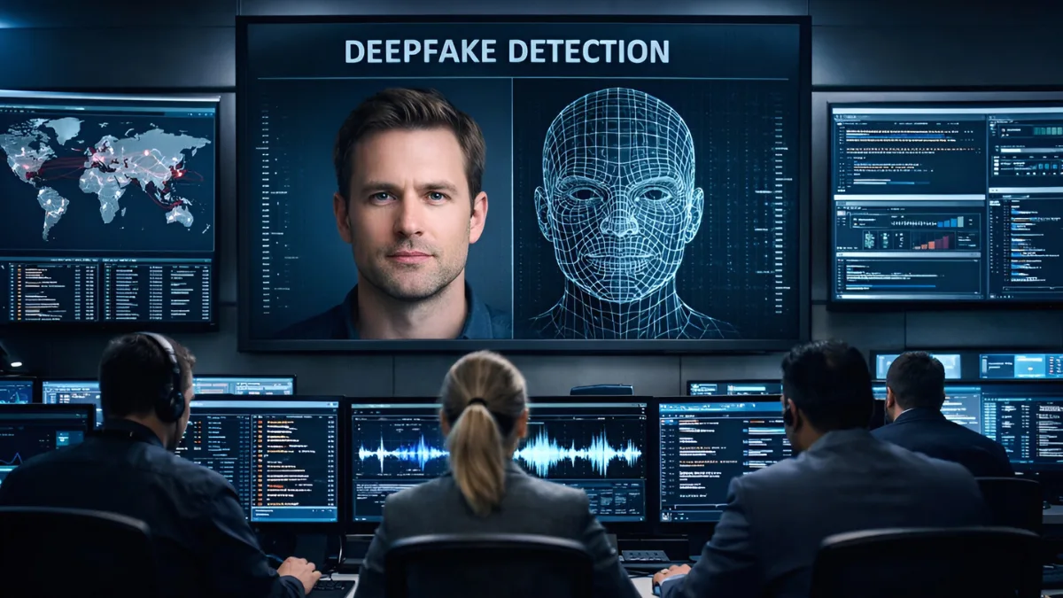 Cybersecurity analysts monitoring screens in a modern operations center, tracking global deepfake fraud threats with digital face analysis software visible on a large display.