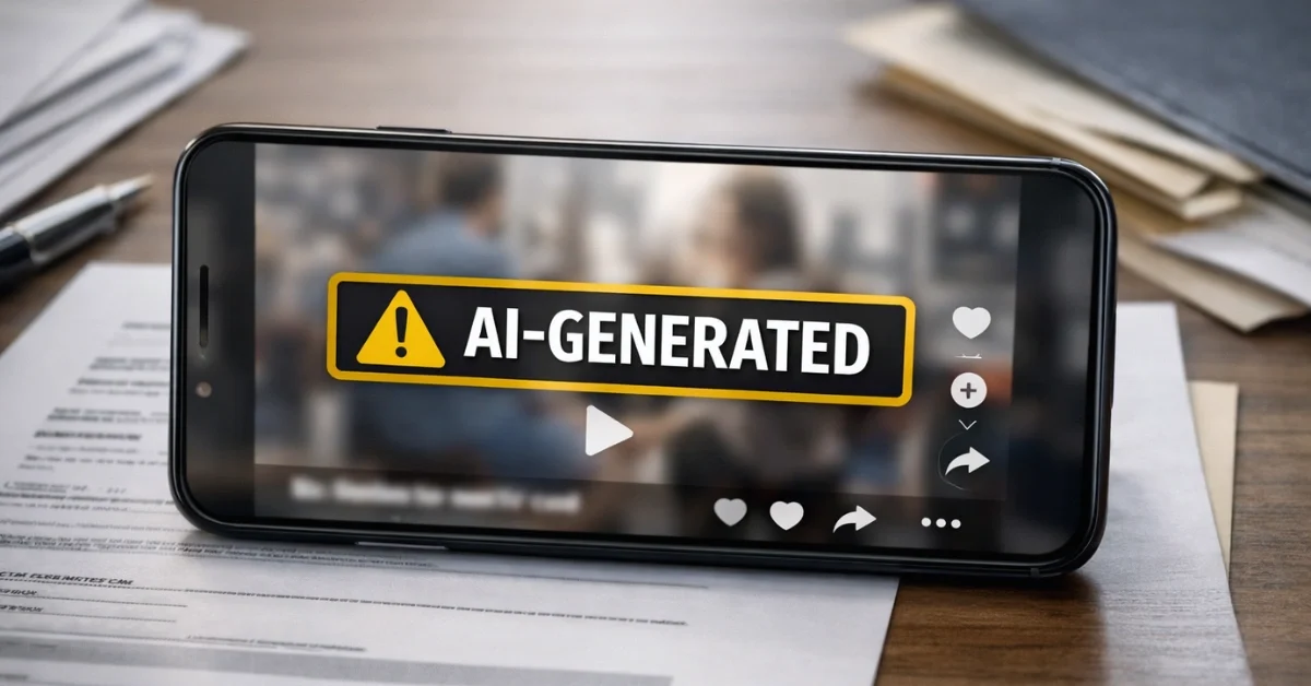 A smartphone displaying a blurred social media video interface with an “AI-generated” warning label overlay, placed on a desk with paperwork in the background.