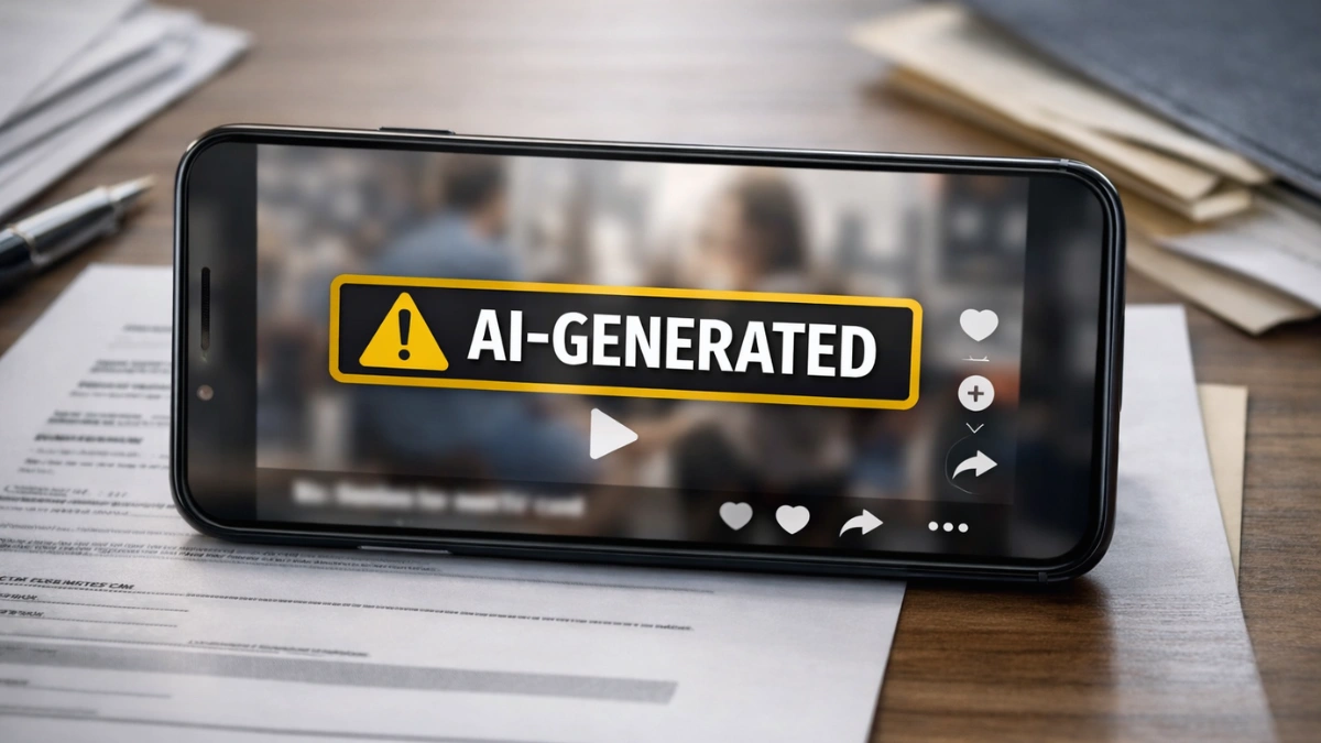 A smartphone displaying a blurred social media video interface with an “AI-generated” warning label overlay, placed on a desk with paperwork in the background.
