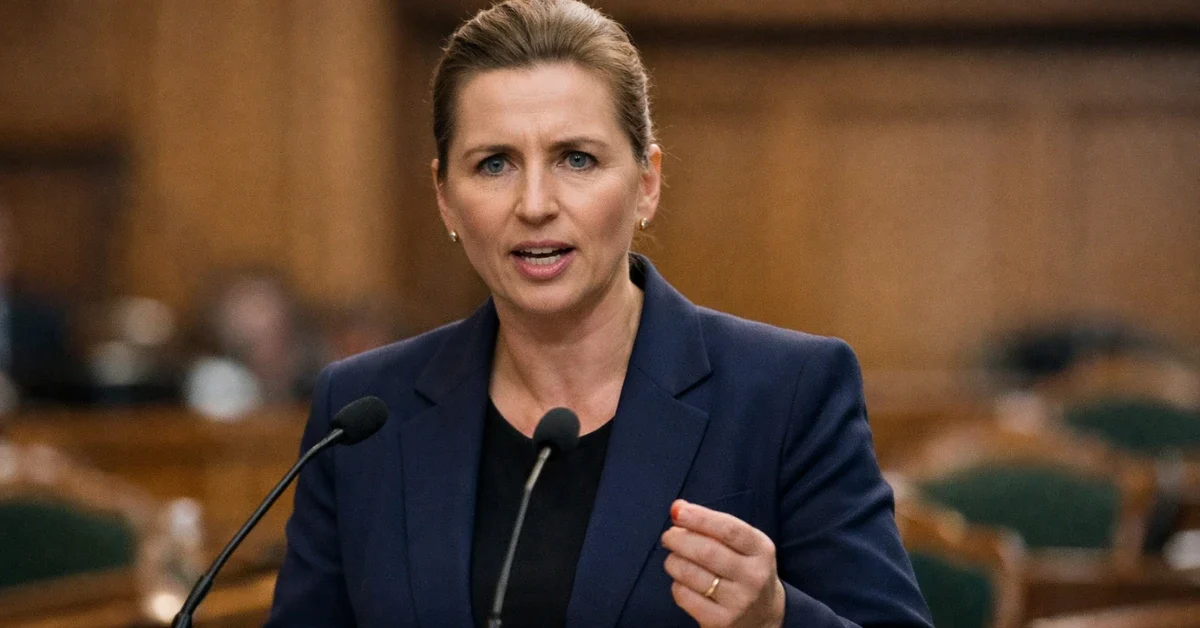 Danish Prime Minister Mette Frederiksen speaking at a podium in parliament following her announcement of an early election.