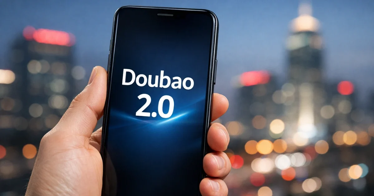 A hand holds a smartphone displaying the words “Doubao 2.0,” with blurred city lights in the background.