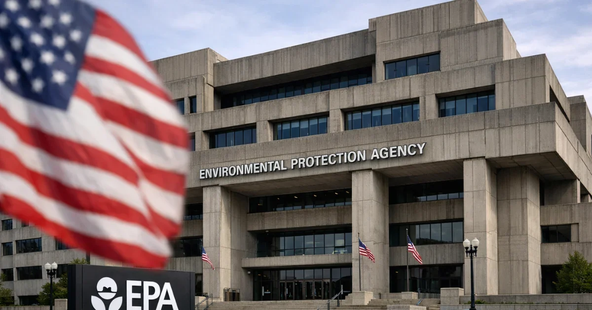 Exterior view of the EPA headquarters in Washington, D.C. with an American flag in the foreground.