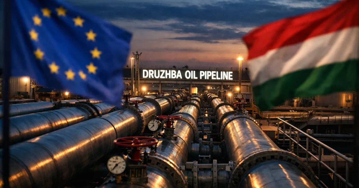 Industrial steel pipes of the Druzhba oil pipeline facility at dusk with European Union and Hungarian flags in the foreground.