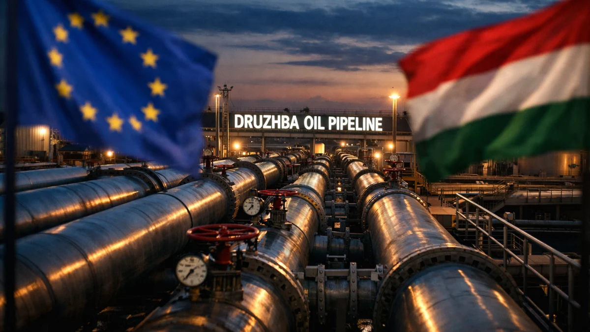 Industrial steel pipes of the Druzhba oil pipeline facility at dusk with European Union and Hungarian flags in the foreground.
