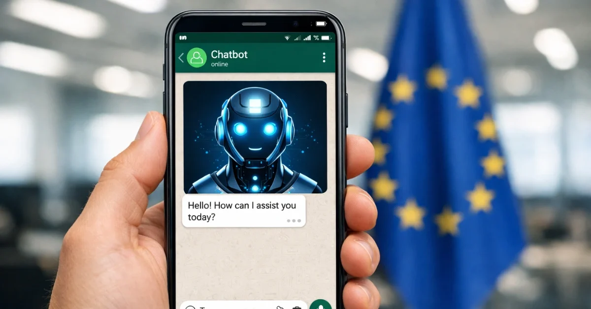 A person holding a smartphone showing the WhatsApp app next to an EU flag, symbolizing the regulatory battle over AI chatbot access.