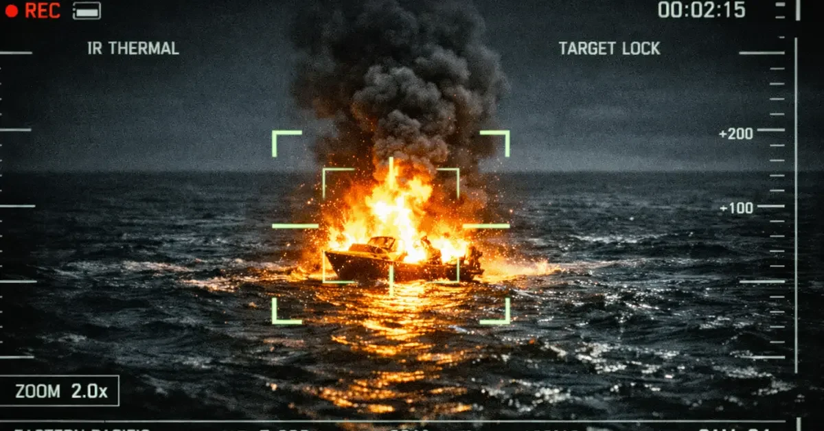 A thermal camera view of a lethal kinetic strike on a small vessel in the Eastern Pacific, showing a bright explosion on the dark ocean surface.