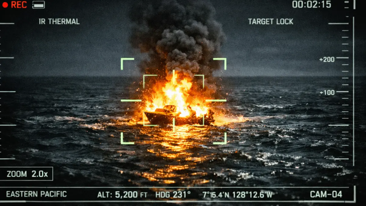A thermal camera view of a lethal kinetic strike on a small vessel in the Eastern Pacific, showing a bright explosion on the dark ocean surface.