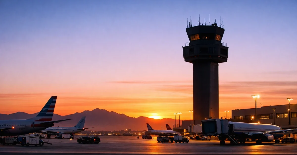 A wide-angle, hyper-realistic photo of El Paso International Airport at sunrise, showing the control tower and parked airplanes as flight operations resume following a security closure.