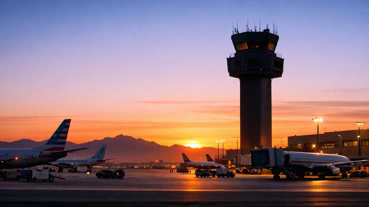 A wide-angle, hyper-realistic photo of El Paso International Airport at sunrise, showing the control tower and parked airplanes as flight operations resume following a security closure.