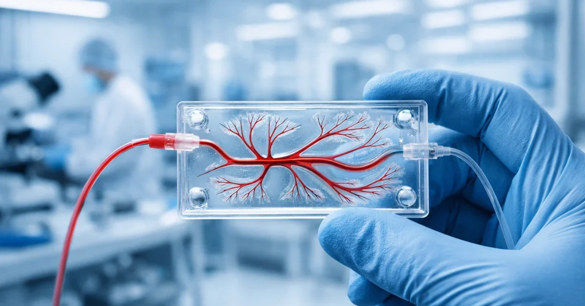 A researcher in a lab holding a transparent microfluidic chip that contains engineered blood vessels with complex branching paths and red fluid.