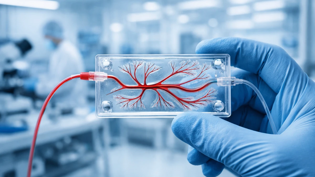 A researcher in a lab holding a transparent microfluidic chip that contains engineered blood vessels with complex branching paths and red fluid.