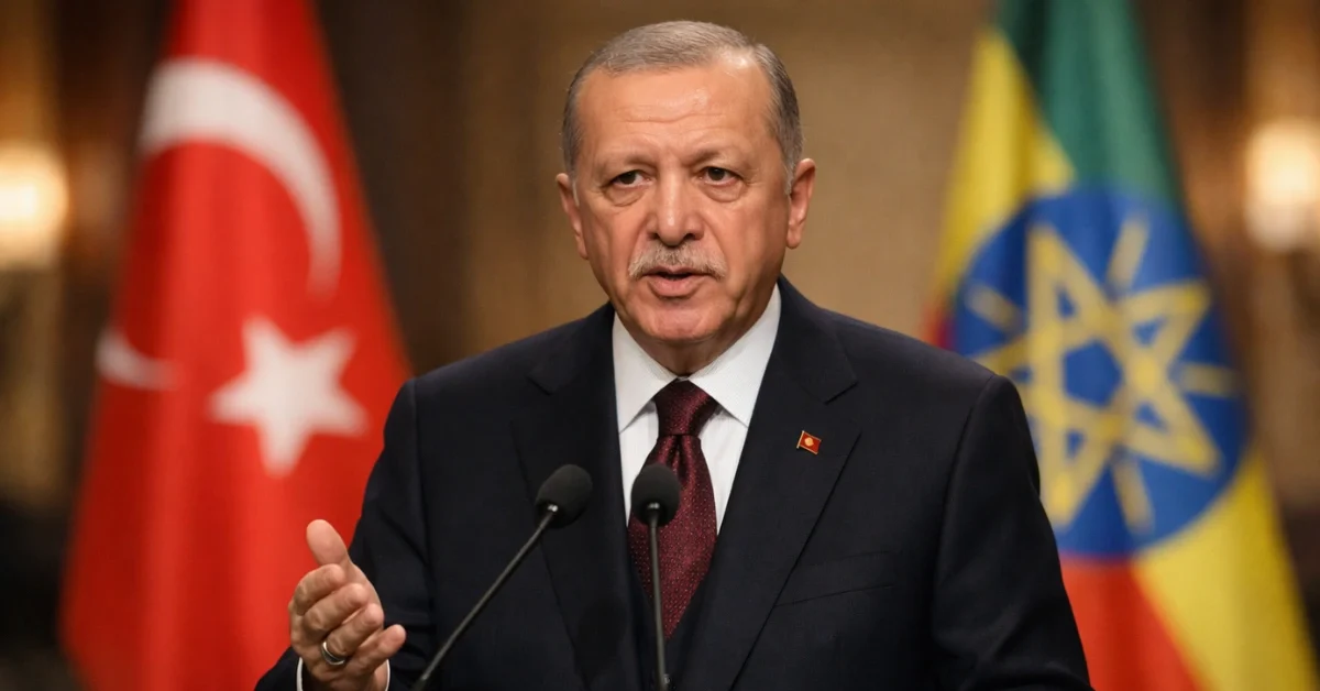 Turkish President Recep Tayyip Erdogan speaking at a press conference in Addis Ababa with Turkish and Ethiopian flags in the background.