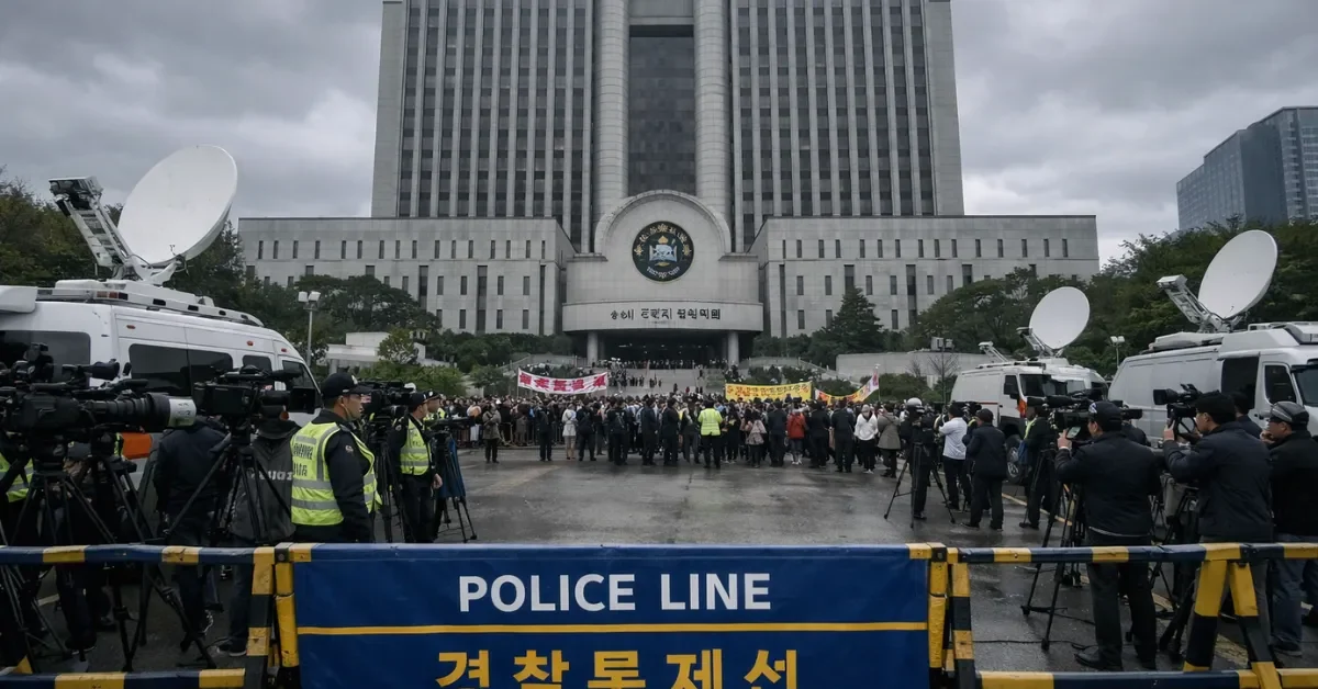 Exterior of the Seoul Central District Court with media and police presence during the sentencing of Yoon Suk Yeol.