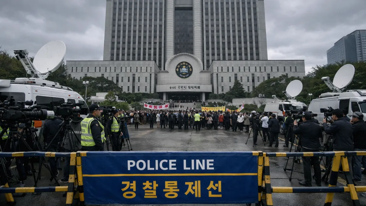 Exterior of the Seoul Central District Court with media and police presence during the sentencing of Yoon Suk Yeol.