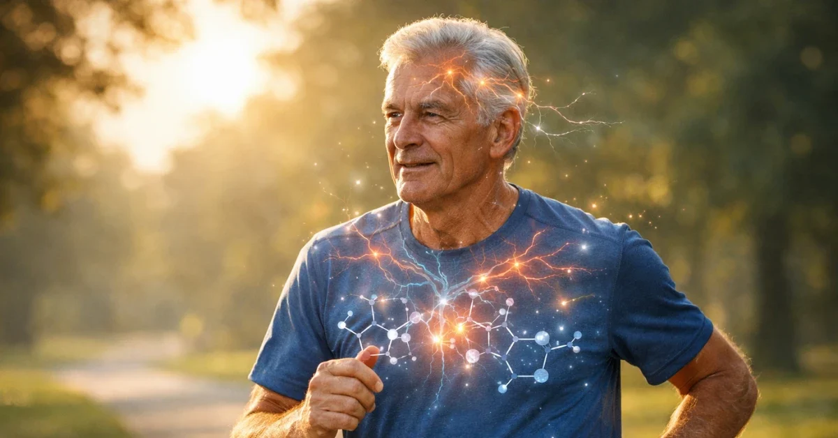 An older adult jogging along a sunlit park path with a faint scientific overlay of brain blood vessels, representing the liver-to-brain mechanism that links exercise to protection against brain aging and Alzheimer's disease.
