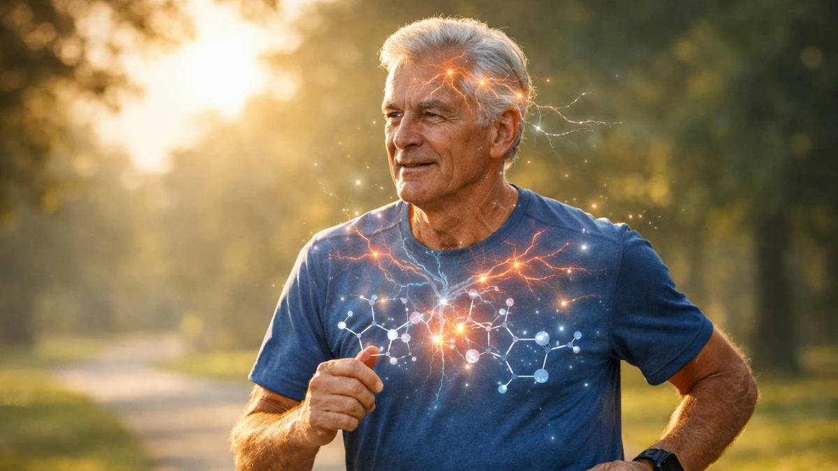 An older adult jogging along a sunlit park path with a faint scientific overlay of brain blood vessels, representing the liver-to-brain mechanism that links exercise to protection against brain aging and Alzheimer's disease.