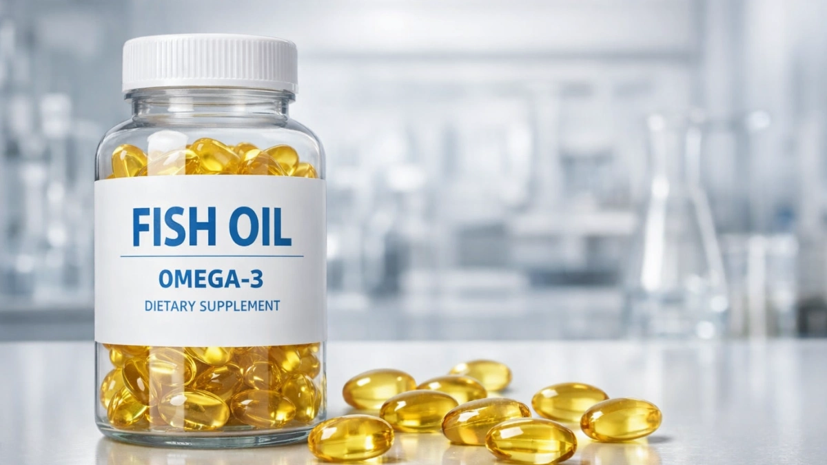 A bottle of fish oil supplement capsules on a laboratory bench with several golden softgels next to it.