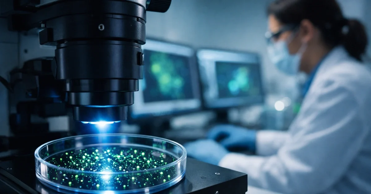Scientist using a fluorescence imaging setup in a laboratory while a sample container shows small glowing particles under the instrument.
