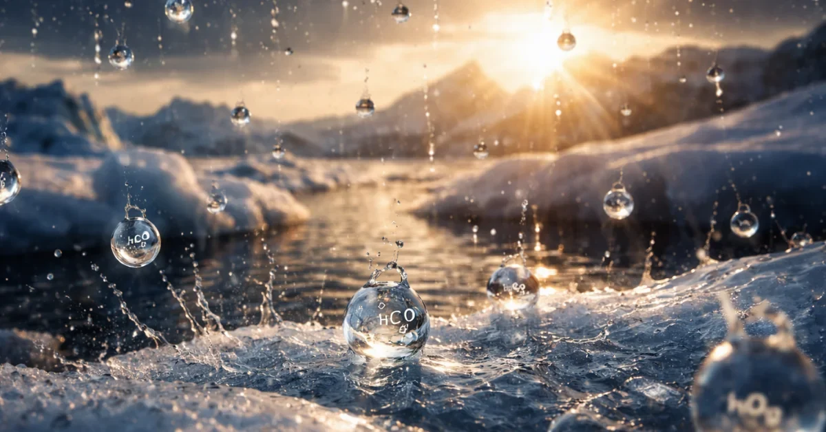 Visualization of chemical particles depositing onto Arctic ice surface representing trifluoroacetic acid pollution from atmospheric sources