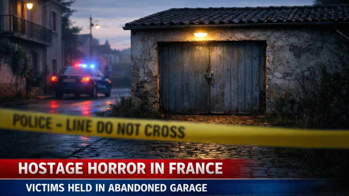 A police-taped garage in a quiet French neighborhood at dawn, representing the site where a magistrate and her mother were rescued from a kidnapping.