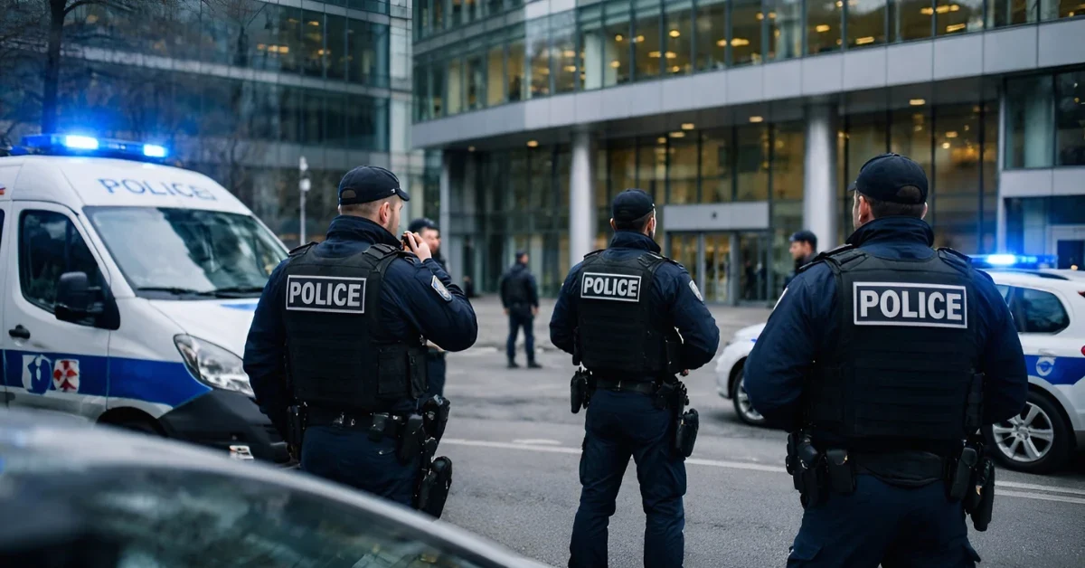 French police officers in tactical gear standing outside a modern office building in Paris during a raid on X's headquarters.