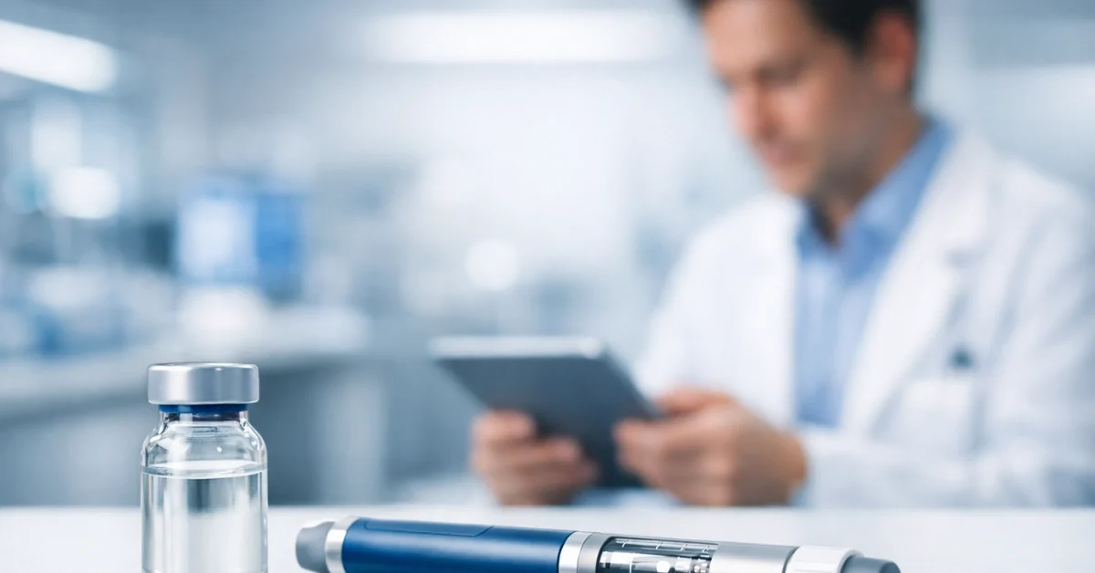 A professional medical injector pen and a medication vial on a sterile white surface in a laboratory setting.